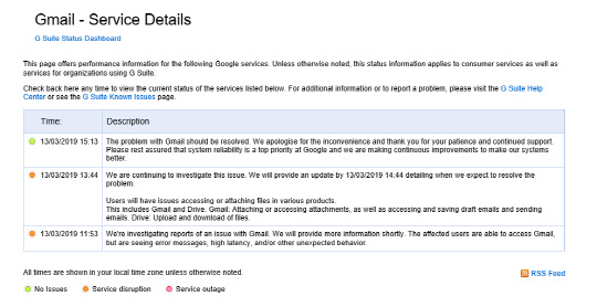 구글의 지메일 오류 관련 상태 페이지 캡처.